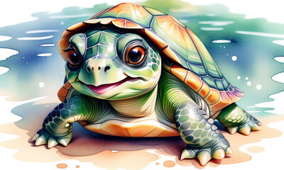 Vibrant sea turtle gracefully swims in the pristine ocean, surrounded by serene blue and green hues. Detailed artwork highlights the turtles bright and intricate shell