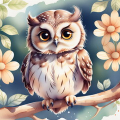 Adorable owl is perched on a branch surrounded by a delicate floral arrangement during daylight. Pastel colored flowers and leaves