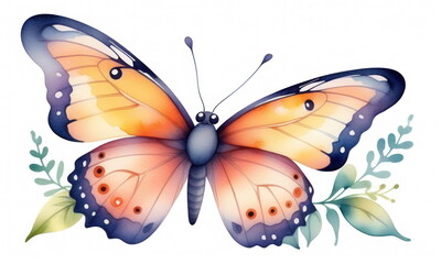 Colorful butterfly with orange and blue wings rests among green leaves