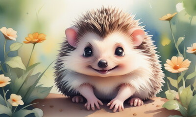 Hedgehog with large eyes and a smile sits among colorful flowers in a lush garden, basking in the morning sunlight