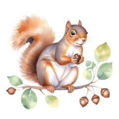 Watercolor illustration of a red squirrel sitting on a branch with green leaves, holding an acorn in its paws
