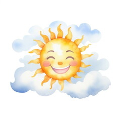 Watercolor smiling sun with bright yellow rays and a friendly face, surrounded by fluffy, blue clouds