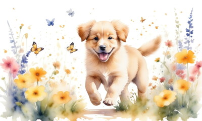 Watercolor painting of a golden retriever puppy running through a field of colorful flowers with butterflies fluttering around
