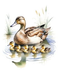 Watercolor mallard duck swimming in a pond with its ducklings