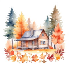 Watercolor painting depicts a cozy, rustic log cabin nestled amidst a vibrant autumn forest. The trees are ablaze with warm hues of orange, red, and yellow