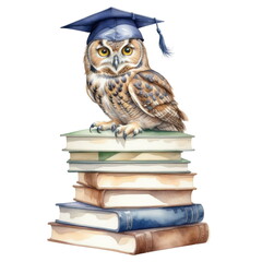 Watercolor owl wearing a graduation cap and sitting on top of a stack of books. Owl looks intelligent and proud, signifying the completion of academic achievement