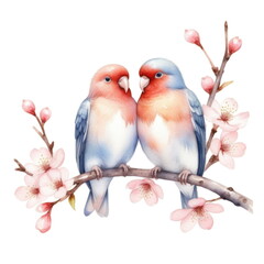 Watercolor painting depicting two lovebirds perched on a branch of blossoming cherry blossoms