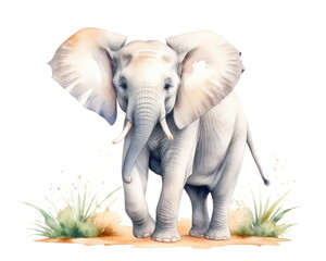 Watercolor elephant walking in a savanna, with lush green grass and a sandy ground. The elephant is facing the viewer with its trunk raised and its ears spread out
