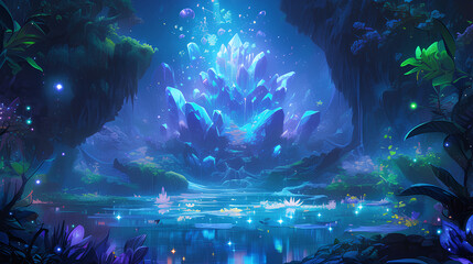 Create an illustration of a mystical cave emanating sparkling light. The cave's interior is adorned with luminescent crystals and glowing plants, casting an ethereal glow