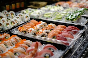 Freshly made sushi and sashimi in a high-end grocery store display