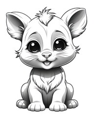Black and white cartoon illustration of a cute lion cub sitting with a happy expression and large eyes