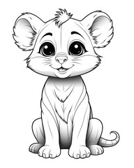 Black and white cartoon illustration of lion cub with big eyes sitting and smiling. Cub is depicted in a simple, stylized manner, coloring or adding your own creative touches