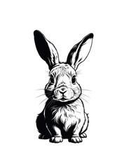 Digital illustration of rabbit sitting with its front paws tucked underneath. The rabbit is drawn in black and white, with its fur shaded to create a sense of depth and texture