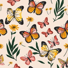 Fototapeta premium seamless Yellow and Pink Butterfly Pattern with Floral Elements