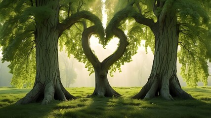 An evocative sight unfolds as the foliage of poplar trees forms a heart-shaped silhouette, accentuating the beauty of two gracefully textured tree trunks adorned with verdant green leaves, illuminated