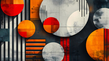 Abstract geometric art with vibrant circles and stripes in red, orange, black, and white, creating a modern, dynamic visual composition.