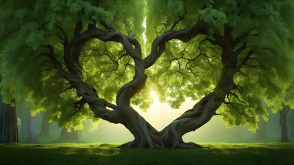 An enchanting scene unfolds with the silhouette of a heart formed by the intertwining foliage of poplar trees, accompanied by two magnificent textured tree trunks enveloped in vibrant green leaves, il