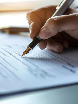 Business contract being signed, close-up shot, high-definition, soft natural light, detailed pen and paper, professional and formal