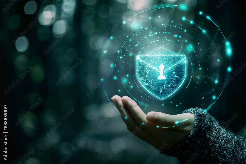 Poster a secure email symbol floating above a person's hand, representing encryption