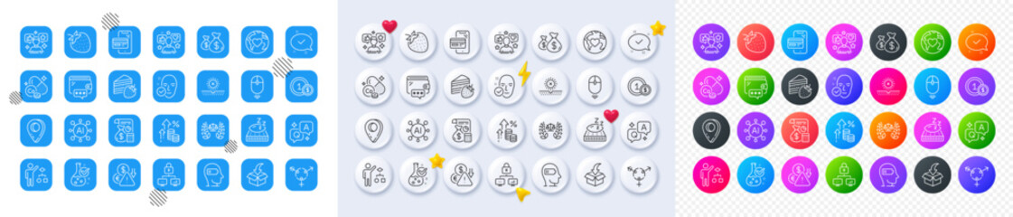 Wallet, Genders and Algorithm line icons. Square, Gradient, Pin 3d buttons. AI, QA and map pin icons. Pack of No sun, Inflation, Accounting icon. Vector