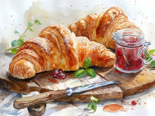 Delicious croissants and strawberry jam on a rustic wooden board. Freshly baked and perfect for breakfast or a tasty snack.