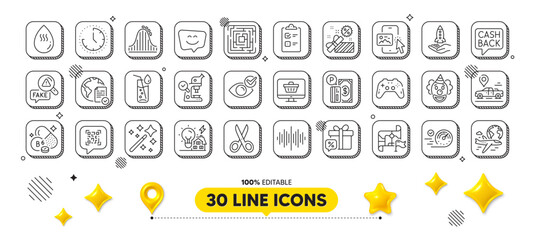 Sound wave, Clown and Microscope line icons pack. 3d design elements. Gamepad, Qr code, Crowdfunding web icon. Water glass, Roller coaster, Smile face pictogram. Vector