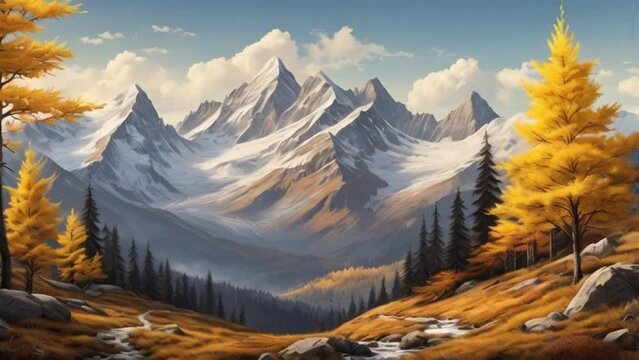 Autumn mountain landscape with yellow larches and snowy peaks.	