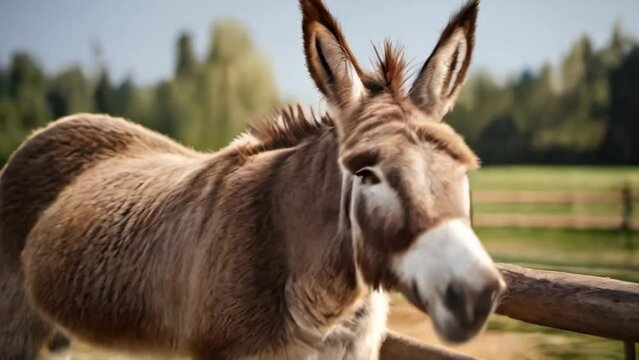 Cute donkey on farm on sunny day
