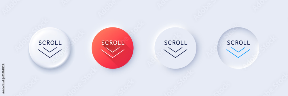 Poster scroll down arrow line icon. neumorphic, red gradient, 3d pin buttons. scrolling screen sign. swipe 