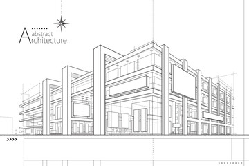 3D illustration of abstract modern urban landscape line drawing, imaginative architecture building construction perspective design.