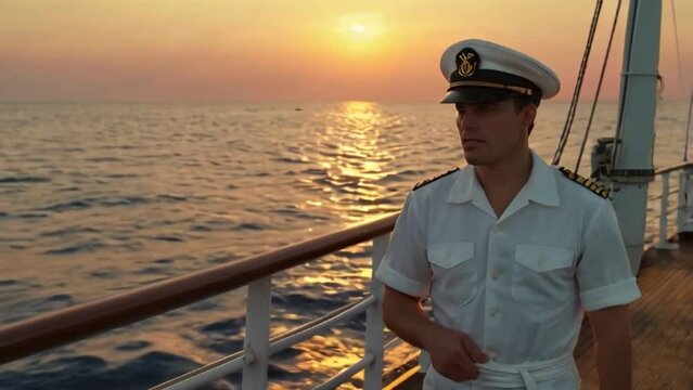 Captain in uniform on board ship at sunset