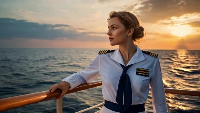 Captain in uniform on board ship at sunset