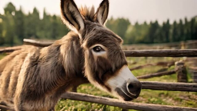 Cute donkey on farm on sunny day