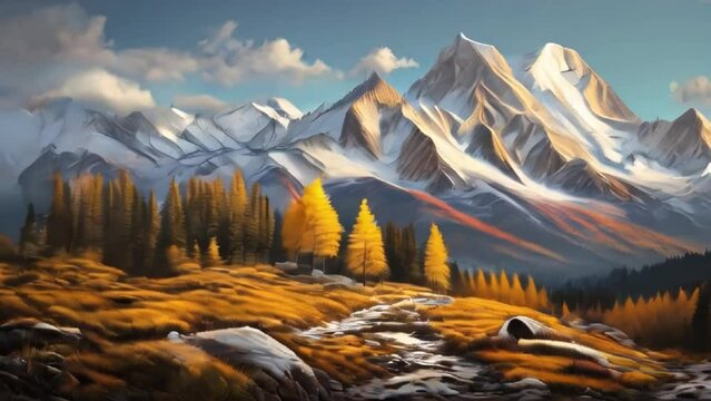 Autumn mountain landscape with yellow larches and snowy peaks.	