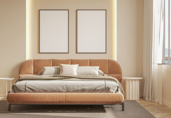 mock up poster frame in interior background, bed room. 3D render, 3D illustration
