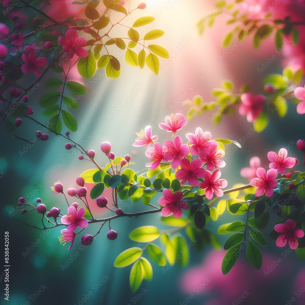 Poster close-up of a branch with blooming white roses surrounded by other trees in the background generated