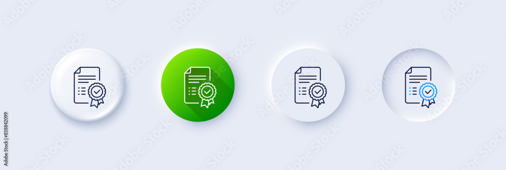 Poster certificate line icon. neumorphic, green gradient, 3d pin buttons. verified document sign. accepted 