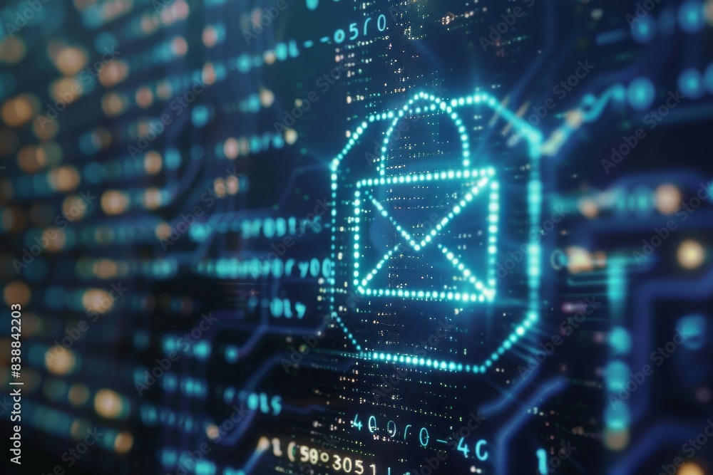 Poster a close-up of an email icon with a padlock overlay on a digital screen