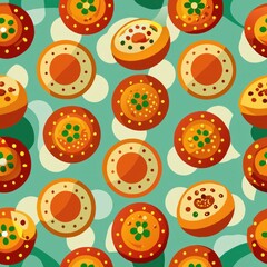 Fototapeta premium Seamless pattern of circles with food-inspired motifs like fruits and vegetables, perfect for wrapping gifts for food enthusiasts, Generative AI