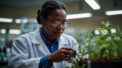 A black scientist's lab work on plant analysis highlights commitment to biodiversity study and species conservation, pivotal for future food security