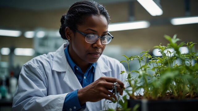 A black scientist's lab work on plant analysis highlights commitment to biodiversity study and species conservation, pivotal for future food security