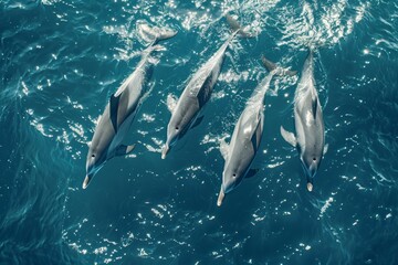Fototapeta premium Topview drone shot, a scene of playful dolphins soaring above breaking waves, embodying the essence of sea life and the splendor of marine animals in their natural environment.