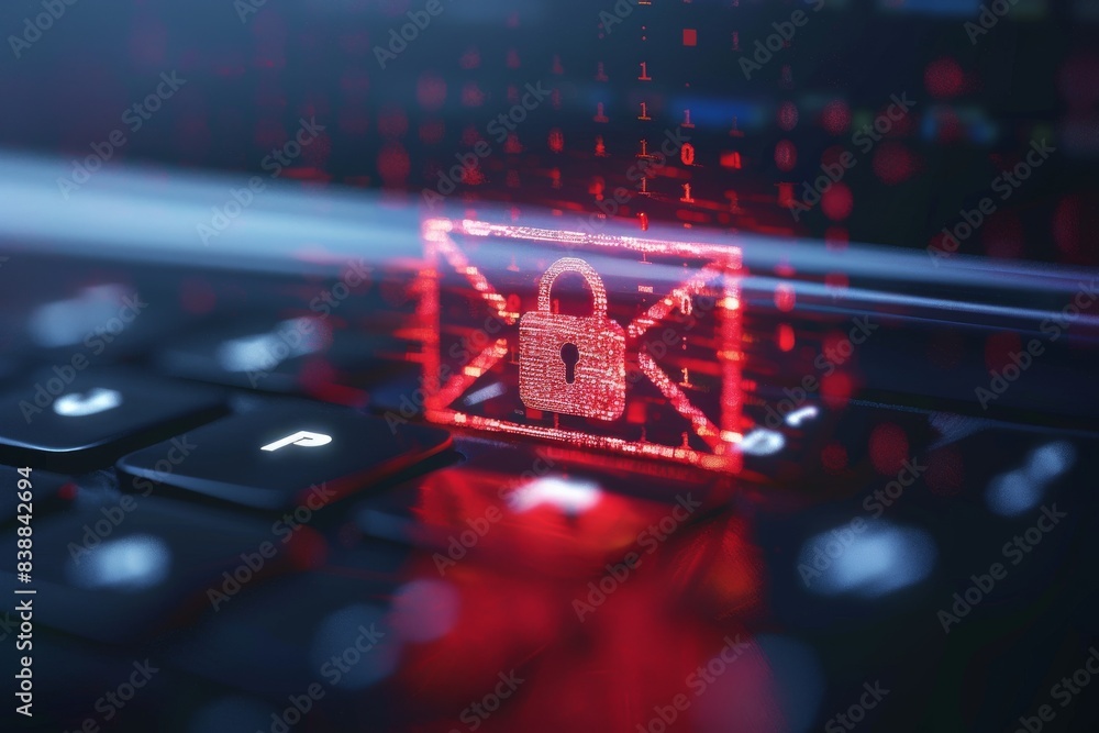 Poster a digital lock icon overlaying an email app on a computer screen