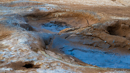 Geothermal area Hverir, Hverarönd on iceland in summer - blue cooking mud