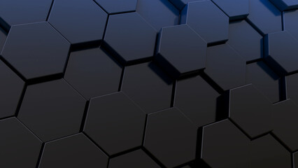 Abstract background in perspective, in gradient from black to blue, made with 3d hexagons.
