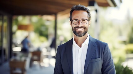 Fototapeta premium Successful Executive at a Company Retreat, Successful executive, company retreat, blurred