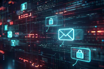 A futuristic email inbox with encrypted messages highlighted and lock icons