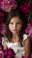 Naklejka premium A little girl sitting in a bed of flowers