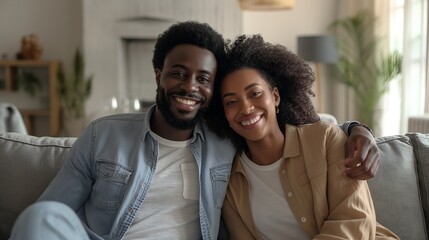 Obraz premium Cheerful multiracial couple, sitting on sofa, living room, relaxed, loving expressions, cozy atmosphere, casual attire, happiness.