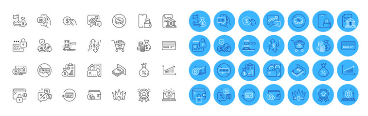 Report, Atm money and Phone wallet line icons pack. Wallet, Bid offer, Loyalty award web icon. Savings insurance, Coins bag, Bank document pictogram. Loan, Refund commission, Accounting. Vector